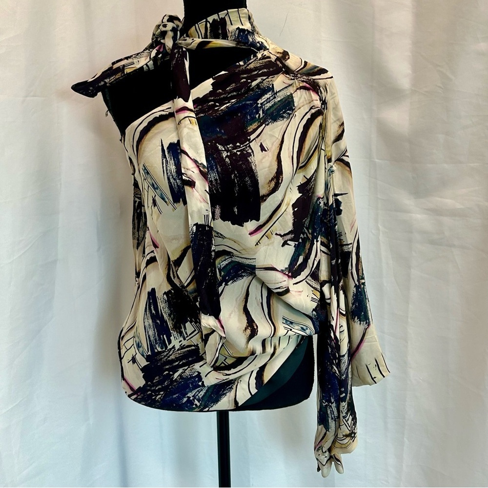 Zara limited edition abstract print asymmetrical one shoulder tie neck blouse M - Picture 4 of 14
